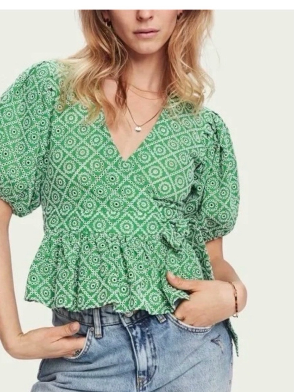 Scotch & Soda Green Printed V-Neck Puff-Sleeve Peplum Top